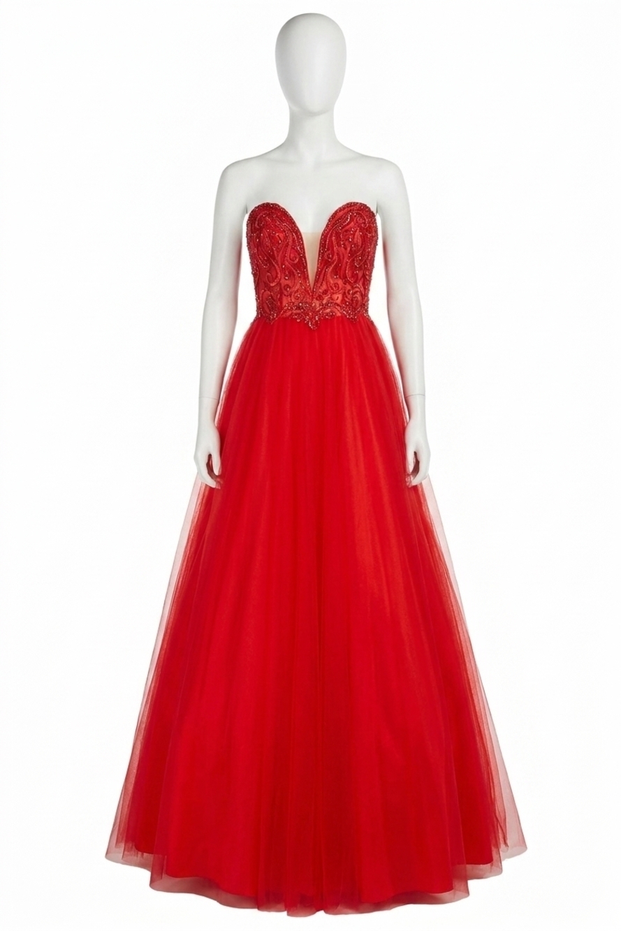 NEW MAC DUGGAL plunging v neck ball gown in red